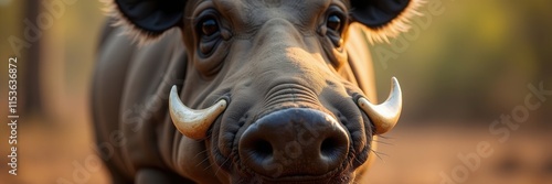 Intense Gaze of a Wild Boar in a Forest Setting with Prominent Tusks and Detailed Facial Features at a Close-Up View photo