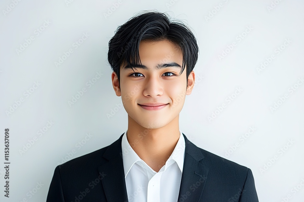 Confident young man in formal attire, showcasing modern hairstyl Confident young man in formal attire, showcasing modern hairstyl