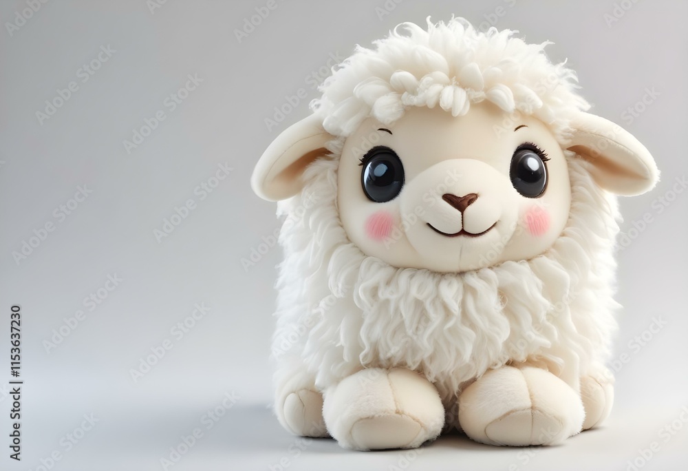 A cute white fluffy sheep plush toy with large eyes and a smiling expression, sitting on a plain background A cute white fluffy sheep plush toy with large eyes and a smiling expression, sitting on a plain background