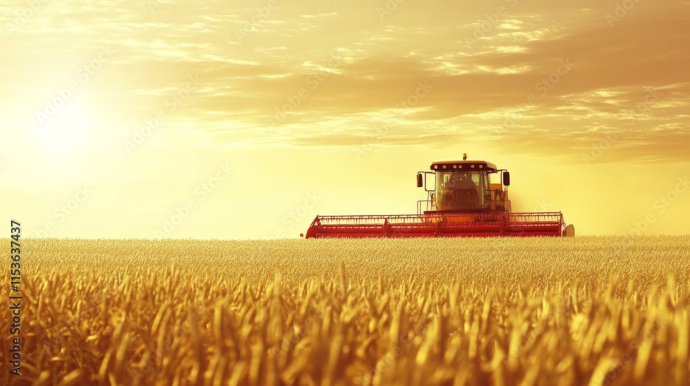 Naklejka premium Golden Harvest with Machinery in Soft Light