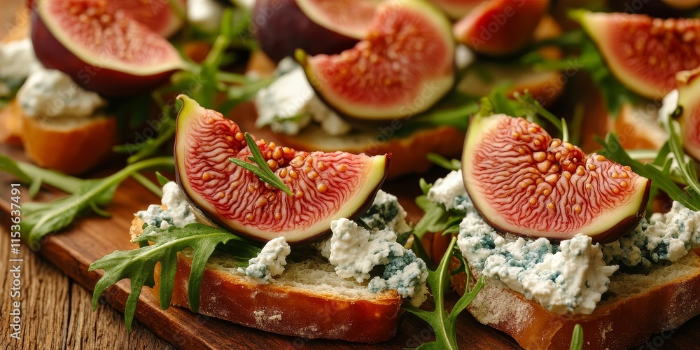 Delicious diet salad featuring arugula, figs, and blue cheese presented on a wooden surface. Enjoy savory sandwiches with ricotta, fresh figs, prosciutto, rosemary, and blue cheese for a fruity Delicious diet salad featuring arugula, figs, and blue cheese presented on a wooden surface. Enjoy savory sandwiches with ricotta, fresh figs, prosciutto, rosemary, and blue cheese for a fruity