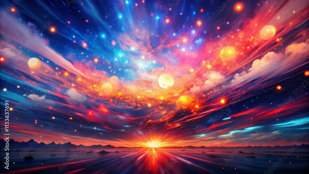 Obraz premium Vibrant Nebula: Swirling Red, Blue, and Purple Cosmic Explosion with Bokeh