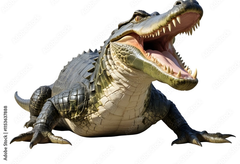 Fototapeta premium A large, fierce-looking alligator with its mouth open, revealing sharp teeth. The alligator has a scaly, greenish-brown skin and appears to be in a natural outdoor setting