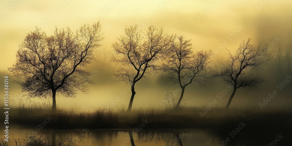 Tree silhouettes shrouded in fog create a mystical atmosphere in a wetland during autumn, showcasing the beauty of tree silhouettes intertwined with nature s seasonal changes. Tree silhouettes shrouded in fog create a mystical atmosphere in a wetland during autumn, showcasing the beauty of tree silhouettes intertwined with nature s seasonal changes.