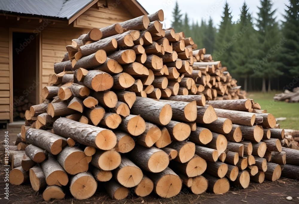 A large pile of chopped firewood logs stacked outdoors, with a wooden shed or structure in the background A large pile of chopped firewood logs stacked outdoors, with a wooden shed or structure in the background
