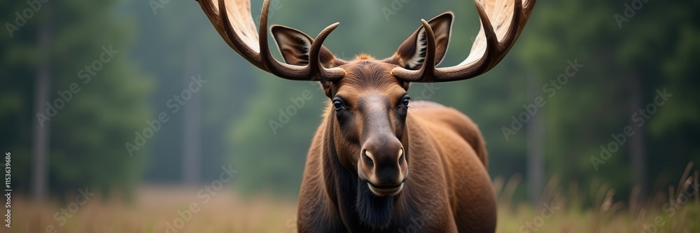 Majestic Moose Portrait with Large Antlers Staring Intently Amidst a Forest Backdrop and a Serene and Blurred Natural Setting Majestic Moose Portrait with Large Antlers Staring Intently Amidst a Forest Backdrop and a Serene and Blurred Natural Setting