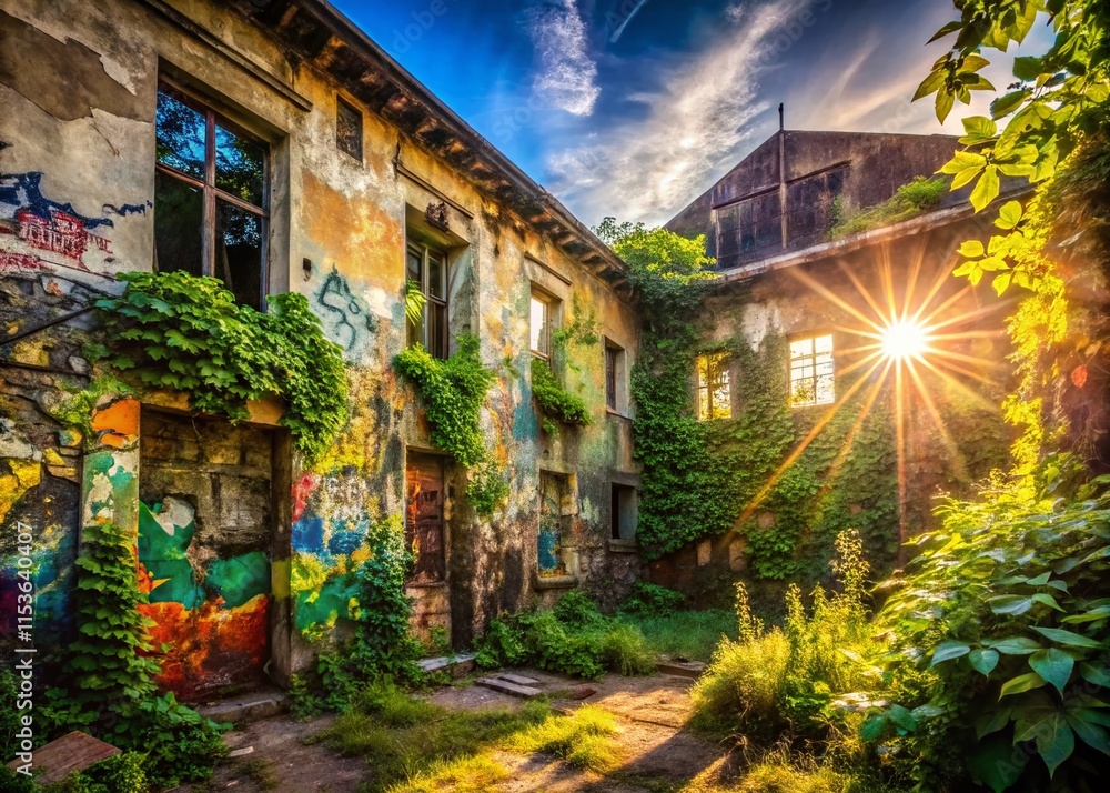 Fototapeta premium Vibrant Summer Urban Exploration: Abandoned Building, Graffiti Art, Sunlit Walls