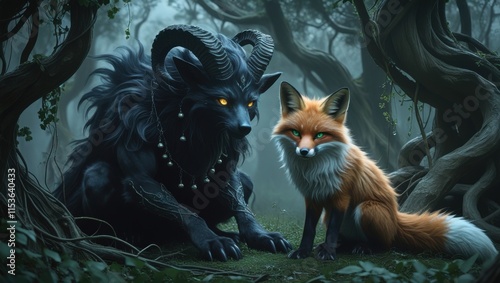 A majestic, mysterious dark creature with curved horns, glowing amber eyes, and dark, shadowy fur crouched beside a cunning fox spirit with nine slender tails, each decorated with tiny, shimmering sil