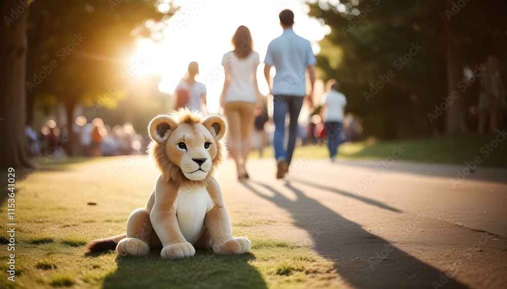 Obraz premium A stuffed lion sitting on a grass in front of a blurred group of people walking in the background on a sunny day