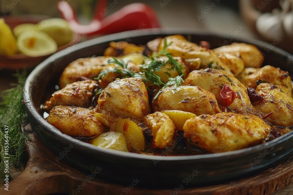 Spicy chicken stew with potatoes and herbs in a rustic clay pot. Spicy chicken stew with potatoes and herbs in a rustic clay pot.