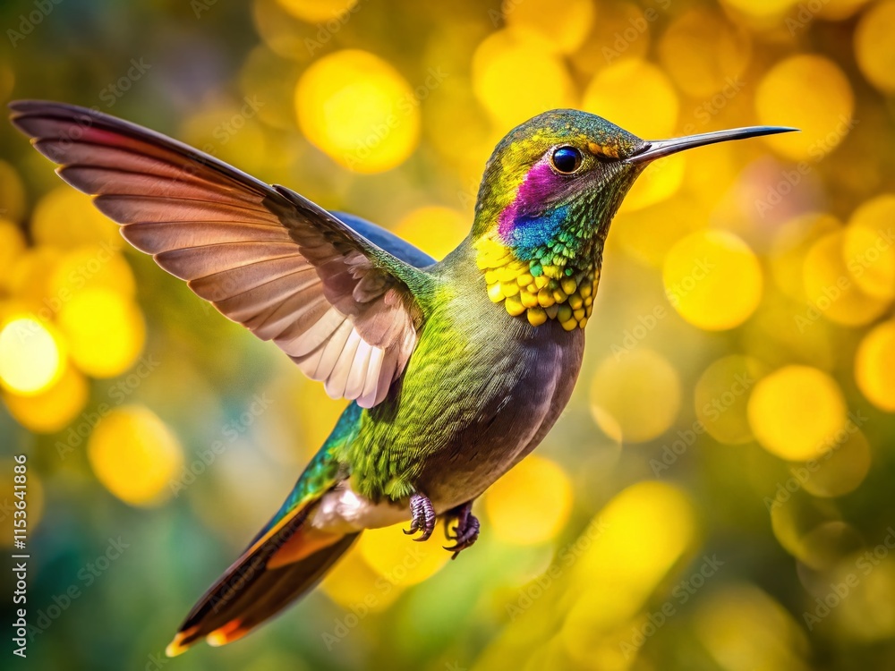Fototapeta premium Vibrant Yellow-billed Hummingbird in Flight, Candid Nature Photography