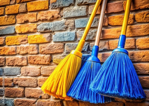 Wallpaper Mural Vibrant Yellow & Blue Brooms Leaned Against Rustic Brick Wall - Spring Cleaning Stock Photo Torontodigital.ca