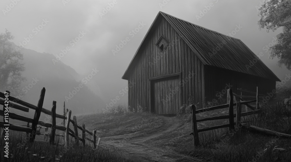 Obraz premium Serene Black and White Landscape with Barn and Fence