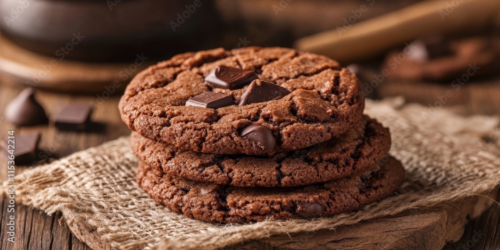 Chocolate cookies displayed on a rustic wooden background create an inviting atmosphere. These chocolate cookies are perfect for sharing or enjoying as a delightful treat. Chocolate cookies displayed on a rustic wooden background create an inviting atmosphere. These chocolate cookies are perfect for sharing or enjoying as a delightful treat.