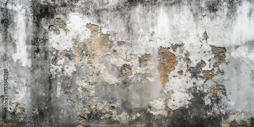 A gray old wall displaying signs of fungus and mold growth, illustrating the effects of moisture on surfaces, with prominent patches of fungus and mold creating a textured appearance. photo