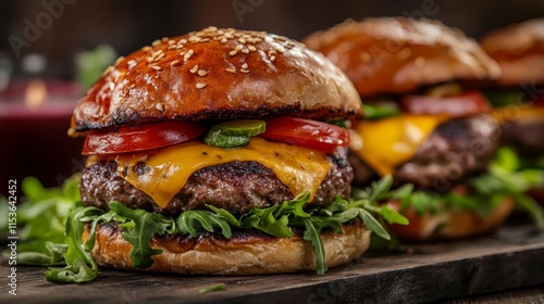 Mouthwatering cheesy burgers topped with fresh vegetables create the ultimate indulgence. These cheesy burgers are a delightful treat for any burger enthusiast seeking delicious flavors.