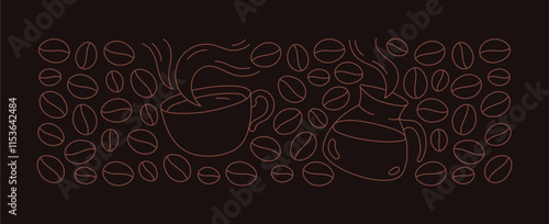 Coffee cup and beans pattern design element. Editable outline stroke. Vector line.