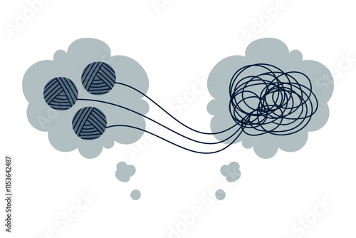 Psychologist unravelling three tangle of tangled thoughts. Speech bubbles. Counselling, therapy, psychology, support concept. Chaos and order
