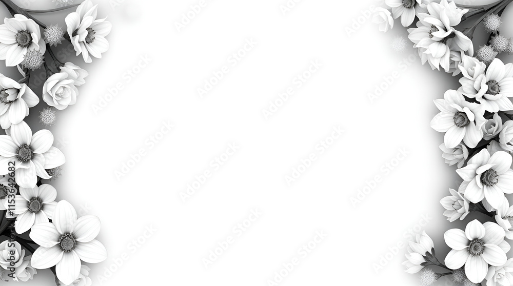 Classic black and white overhead bird's-eye view, flower border with copy space, top-down perspective, conveying timelessness and elegance. Classic black and white overhead bird's-eye view, flower border with copy space, top-down perspective, conveying timelessness and elegance.
