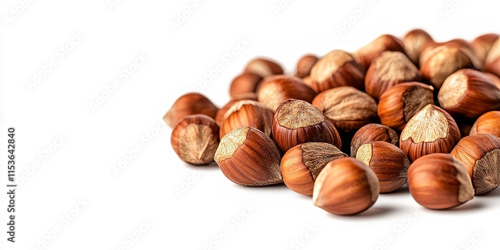 Close up view of hazelnuts in their shells resting on a white background, showcasing the natural beauty and texture of hazelnuts in a stunning detail. Perfect for food related themes. Close up view of hazelnuts in their shells resting on a white background, showcasing the natural beauty and texture of hazelnuts in a stunning detail. Perfect for food related themes.