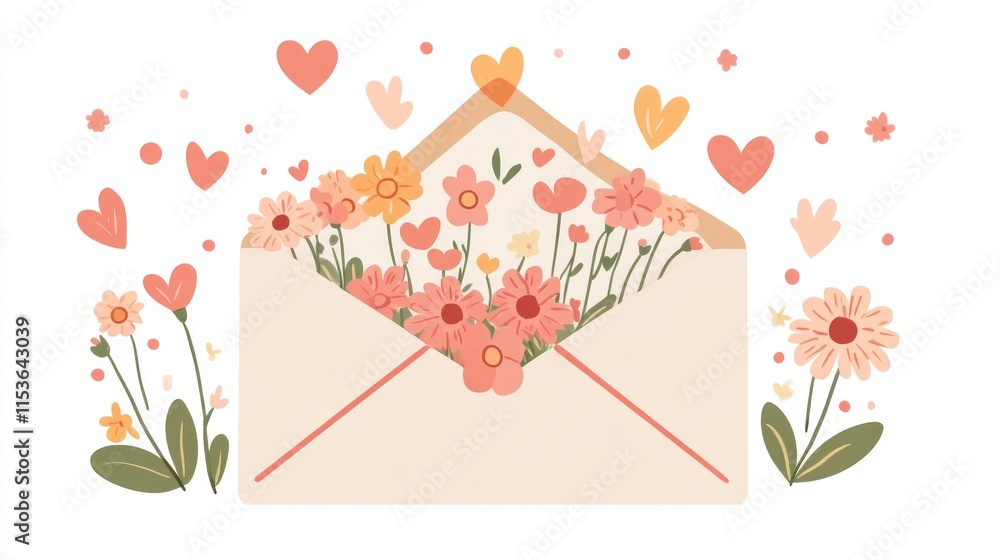 Floral love letter; flowers overflowing from envelope. Floral love letter; flowers overflowing from envelope.