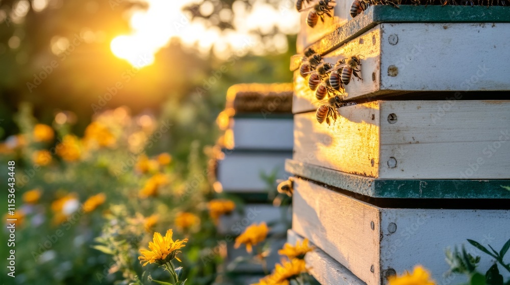 Serene Farm Scene with Bees at Golden Hour Light Serene Farm Scene with Bees at Golden Hour Light