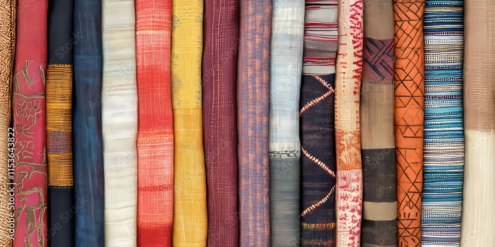 Horizontal strips of fabric are neatly folded in a row, creating a visually appealing arrangement of colorful fabric strips, ideal for showcasing various textures and patterns in fabric design. Horizontal strips of fabric are neatly folded in a row, creating a visually appealing arrangement of colorful fabric strips, ideal for showcasing various textures and patterns in fabric design.