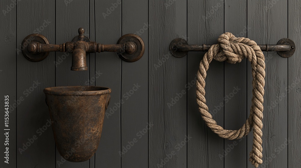 Rustic faucet, basin, and rope on dark wood. Rustic faucet, basin, and rope on dark wood.
