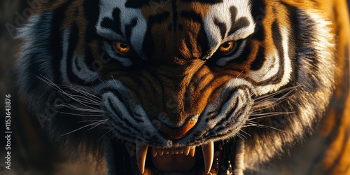 Close up of an angry tiger displaying its fierce expression, showcasing the tiger s intense emotions and powerful presence. The mad tiger captivates with its striking features and wild spirit. photo