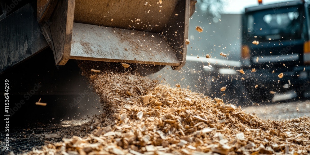 Wood chipper machine efficiently processing and releasing shredded wood materials into a truck, showcasing the wood chipper machine s functionality for effective wood disposal. Wood chipper machine efficiently processing and releasing shredded wood materials into a truck, showcasing the wood chipper machine s functionality for effective wood disposal.
