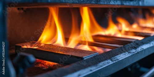 The fire blazes from a gas burner within a boiler, showcasing the intense flames produced by the gas burner as it operates within the system of the boiler for heating purposes. photo