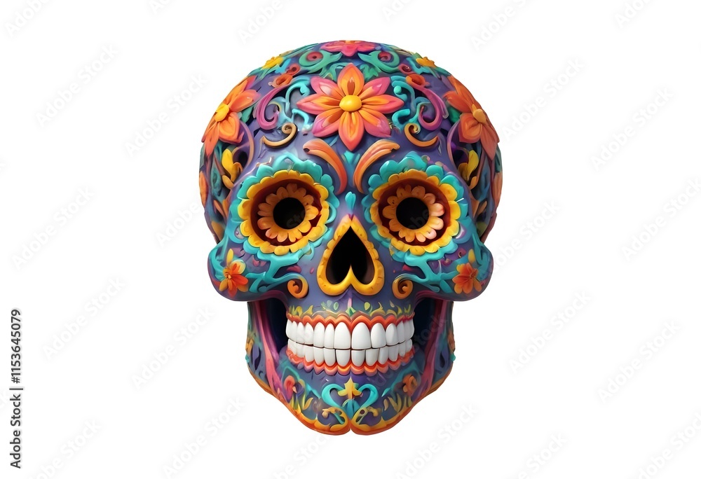 A colorful and intricate sugar skull with vibrant patterns, bold colors, and detailed designs. The skull features large, expressive eyes, a wide open mouth, and an ornate floral motif across the surfa A colorful and intricate sugar skull with vibrant patterns, bold colors, and detailed designs. The skull features large, expressive eyes, a wide open mouth, and an ornate floral motif across the surfa