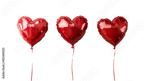 Three red heart-shaped balloons inflated to different sizes, isolated on transparent background.  photo