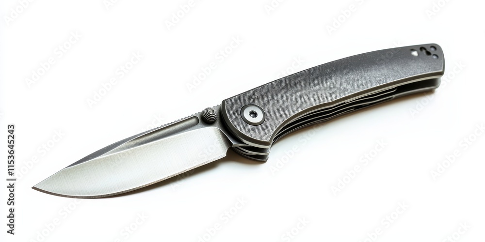 Pocket folding knife isolated on a white background showcases a compact metal design with a sharp blade that folds. This pocket folding knife represents functionality and convenience. Pocket folding knife isolated on a white background showcases a compact metal design with a sharp blade that folds. This pocket folding knife represents functionality and convenience.