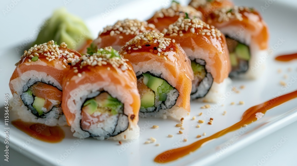Close up top view of a delightful set of sushi rolls featuring salmon, Green dragon sushi rolls, and a side of soya sauce sprinkled with sesame. This sushi rolls composition is appetizing and vibrant. Close up top view of a delightful set of sushi rolls featuring salmon, Green dragon sushi rolls, and a side of soya sauce sprinkled with sesame. This sushi rolls composition is appetizing and vibrant.