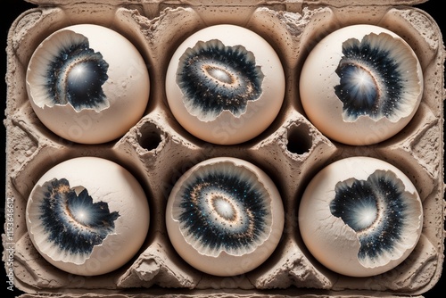 Creative Egg Carton with Stars and Galaxies Emerging from Cracked Eggs in Surreal Style