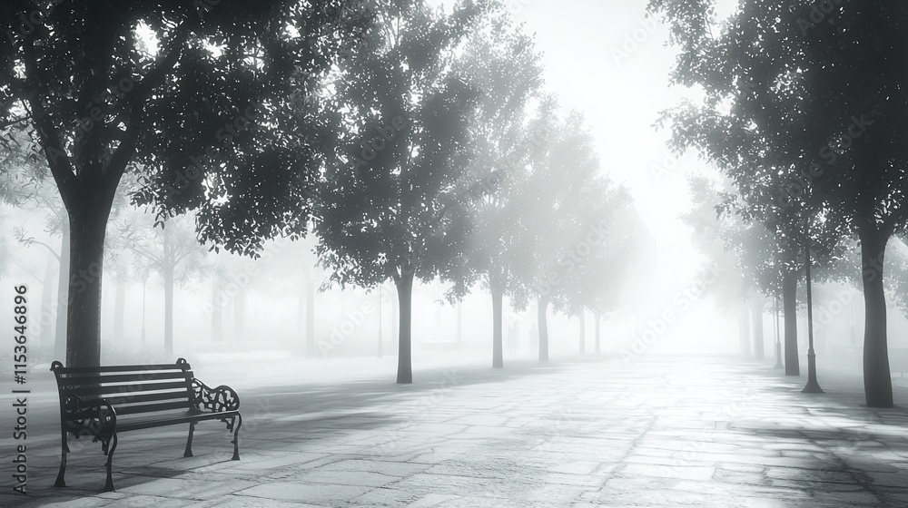 Foggy park path with bench. Foggy park path with bench.