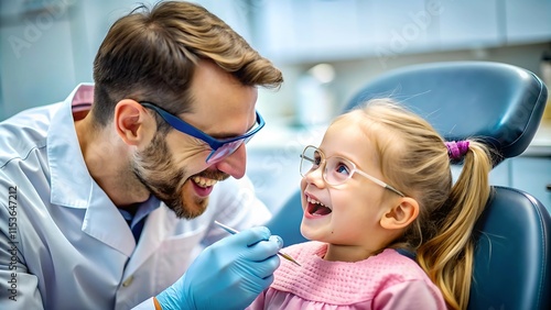 Dentista pediátrico usando óculos de médico verificando os dentes de uma jovem no consultório odontológico moderno