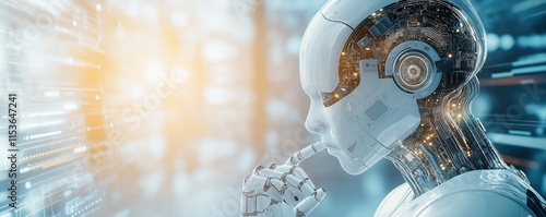 Futuristic AI robot with transparent cybernetic head showing digital circuits and glowing components. Side profile view against blurred tech background with data visualization elements. 8k banner