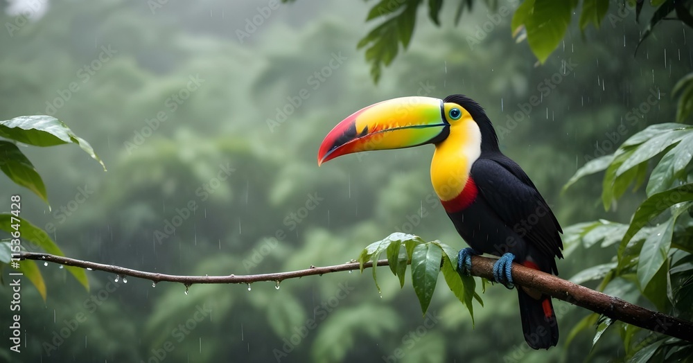 Fototapeta premium A colorful toucan bird with a large beak perched in the rain, with a blurred green foliage background