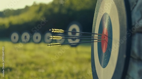 A tranquil archery range with arrows neatly arranged in a target board, A clean, open field with perfectly spaced targets photo