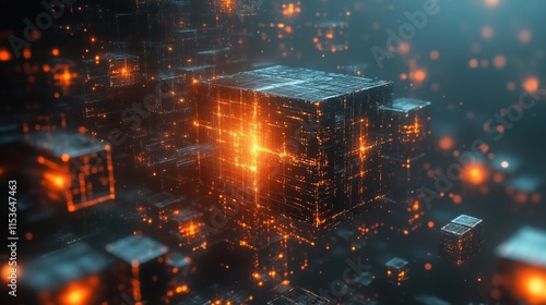 Abstract 3D visualization of glowing digital cubes with orange light effects. Futuristic technology concept showing data blocks in virtual space with particle effects. 8k