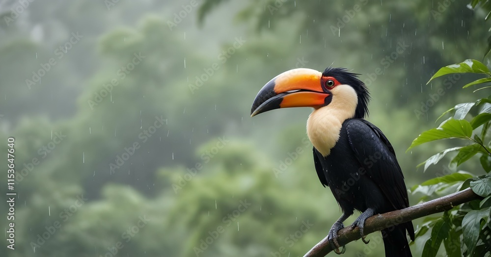 An exotic hornbill with a large beak perched in the rain , with a blurred green foliage background An exotic hornbill with a large beak perched in the rain , with a blurred green foliage background