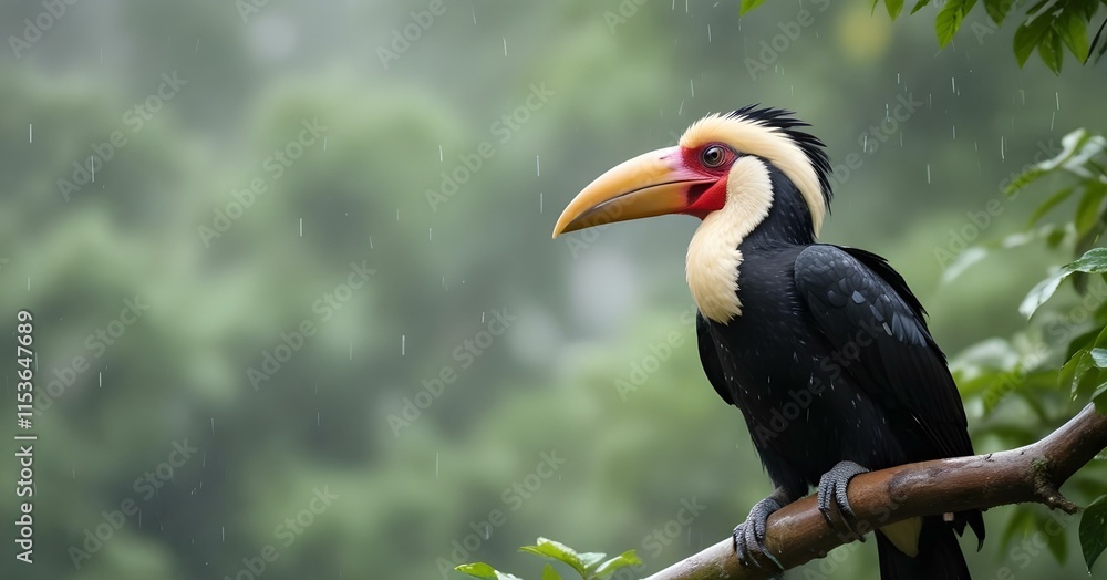 An exotic hornbill with a large beak perched in the rain , with a blurred green foliage background An exotic hornbill with a large beak perched in the rain , with a blurred green foliage background