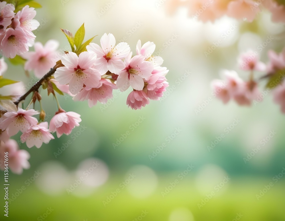 A close-up view of delicate pink cherry blossom flowers in full bloom against a blurred green background , creating a serene and tranquil spring scene A close-up view of delicate pink cherry blossom flowers in full bloom against a blurred green background , creating a serene and tranquil spring scene