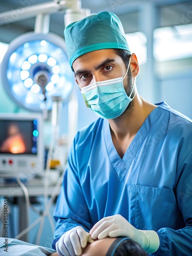 Anestesiologista preparando paciente para cirurgia na moderna sala de cirurgia do hospital.