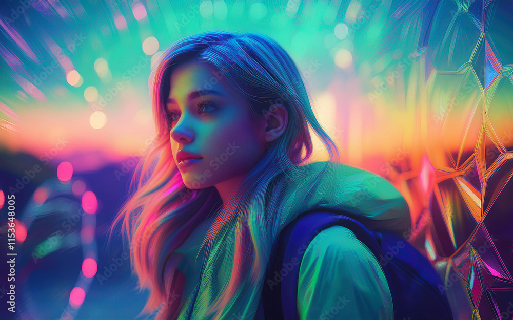 Imagem futurista, pessoa de costas, com o rosto desfocado, vestindo um moletom com capuz verde e carregando uma mochila. cores e luzes, com tons de azul, verde, roxo e laranja. Imagem futurista, pessoa de costas, com o rosto desfocado, vestindo um moletom com capuz verde e carregando uma mochila. cores e luzes, com tons de azul, verde, roxo e laranja.