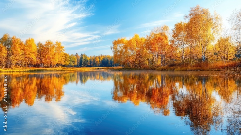 Golden autumn landscape mirrored in a tranquil lake, with vibrant fall colors creating a picturesque scene. The autumn landscape invites calm, offering ample space for warm reflections. Golden autumn landscape mirrored in a tranquil lake, with vibrant fall colors creating a picturesque scene. The autumn landscape invites calm, offering ample space for warm reflections.