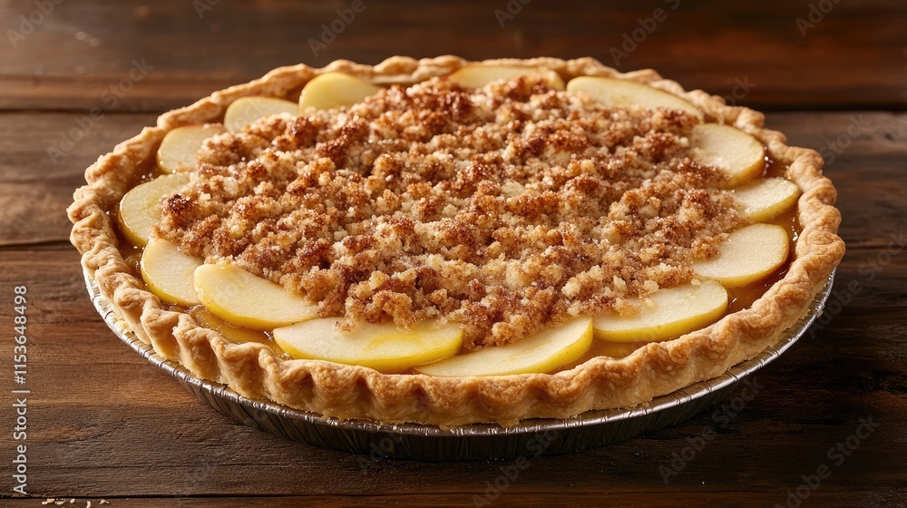 A delicious apple streusel pie rests on a rustic table, its warm golden crust enveloping the neatly arranged apple slices, creating a mouthwatering apple streusel pie display with ample copy space. A delicious apple streusel pie rests on a rustic table, its warm golden crust enveloping the neatly arranged apple slices, creating a mouthwatering apple streusel pie display with ample copy space.