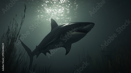 Great white shark swimming in dark ocean water.
